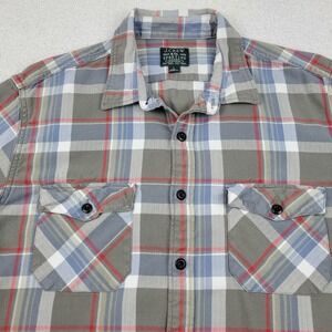 J Crew Shirt Mens Large Gray Blue Red Plaid Button Front Flannel Pockets Casual